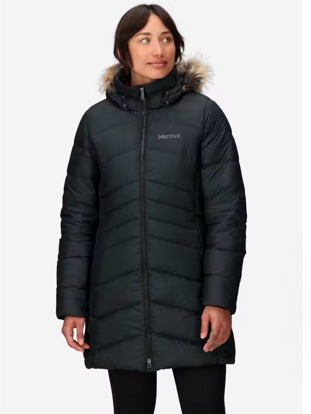 Marmot Montreal Women's Black Quilted Down Parka with Faux Fur Trim Hood